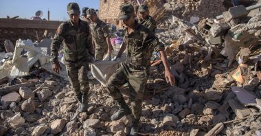 Moroccan troops recover dead bodies of earthquake victims, in Tafeghaghte, Morocco, Sept. 9, 2023. (EPA Photo)