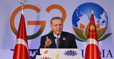 President Recep Tayyip Erdoğan speaks at a press conference after the G-20 leaders summit in New Delhi, India, Sept. 10, 2023 (AA Photo)