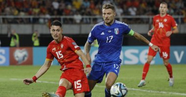 North Macedonia&#039;s Jovan Manev in action with Italy&#039;s Ciro Immobile during a Euro 2024 qualifier match, Skopje, North Macedonia, Sept. 9, 2023. (Reuters Photo)