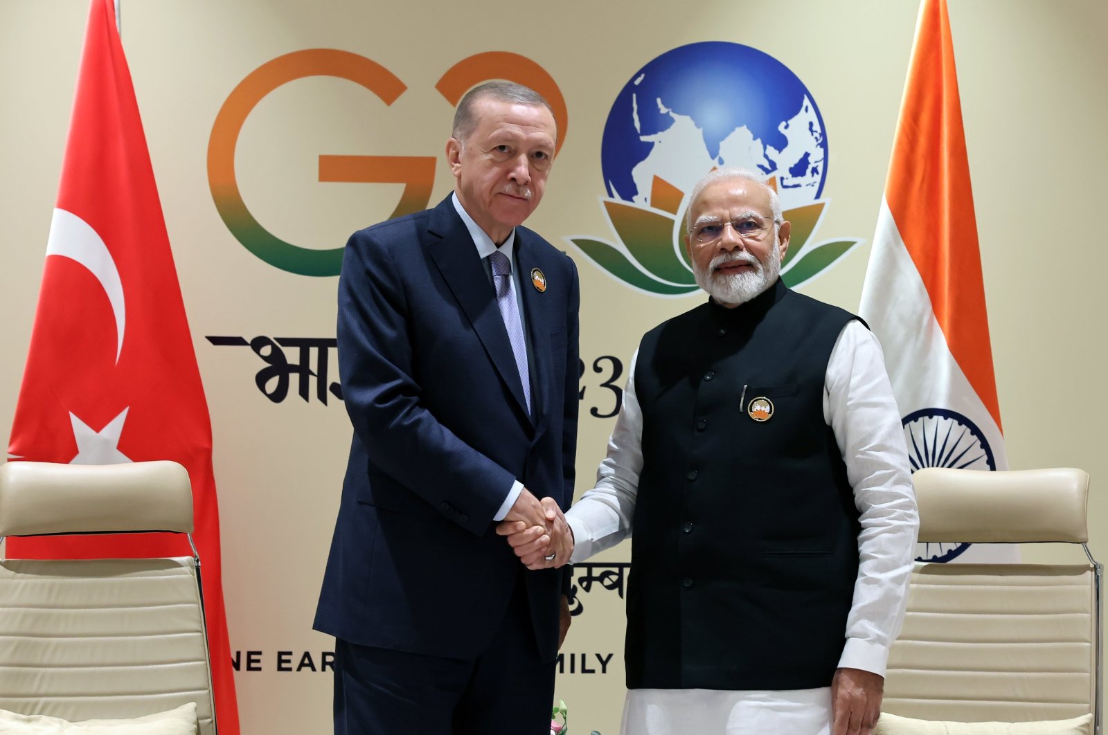 President Recep Tayyip Erdogan meets Indian Prime Minister Narendra Modi on the sidelines of G-20 in New Delhi, India, Sept.10, 2023 (DHA Photo)