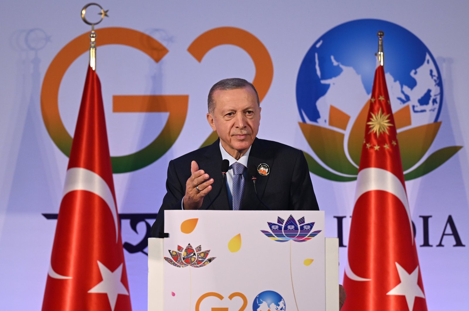 President Recep Tayyip Erdoğan speaks at a press conference after the G-20 leaders summit in New Delhi, India, Sept. 10, 2023 (AA Photo)