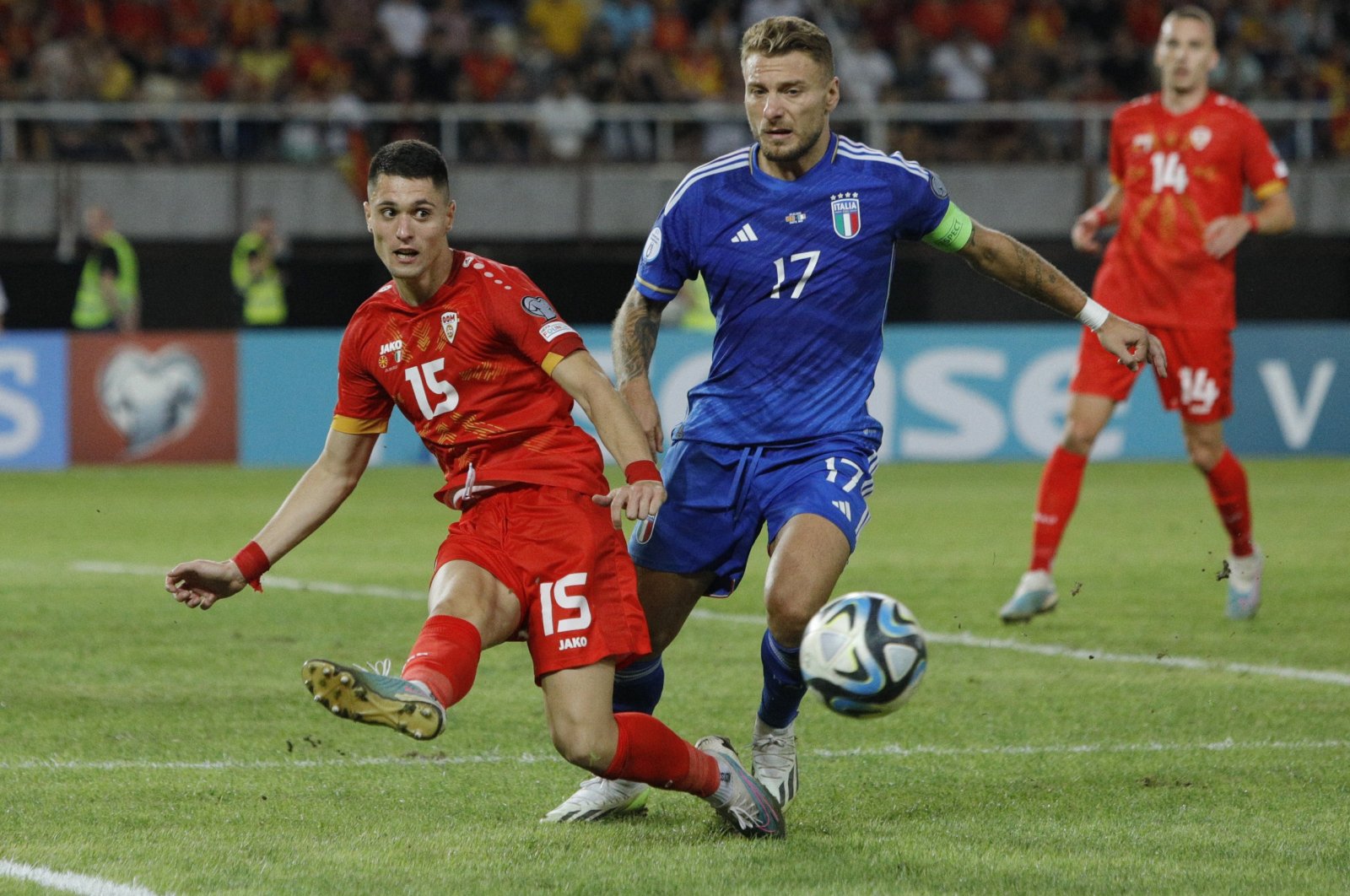 North Macedonia&#039;s Jovan Manev in action with Italy&#039;s Ciro Immobile during a Euro 2024 qualifier match, Skopje, North Macedonia, Sept. 9, 2023. (Reuters Photo)