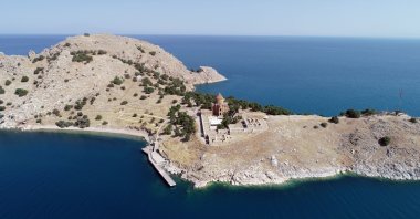 An aerial view of the ancient Armenian church on Akdamar Island in Lake Van, Van, Türkiye, Sept. 11, 2023. (AA Photo)