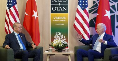 President Recep Tayyip Erdoğan (L) meets his U.S. counterpart Joe Biden at the NATO summit in Vilnius, Lithuania, July 11, 2023. (Reuters Photo)