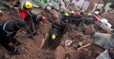 Rescue workers take part in a rescue operation following a powerful earthquake in Ouirgane, south of Marrakech, Morocco, Sept. 10, 2023. (EPA Photo)