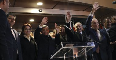 Main opposition Republican People's Party (CHP) chair Kemal Kılıçdaroğlu (R-2) waves with other leaders of the opposition alliance known as "table for six," Ankara, Türkiye, March 6, 2023. (AP Photo)