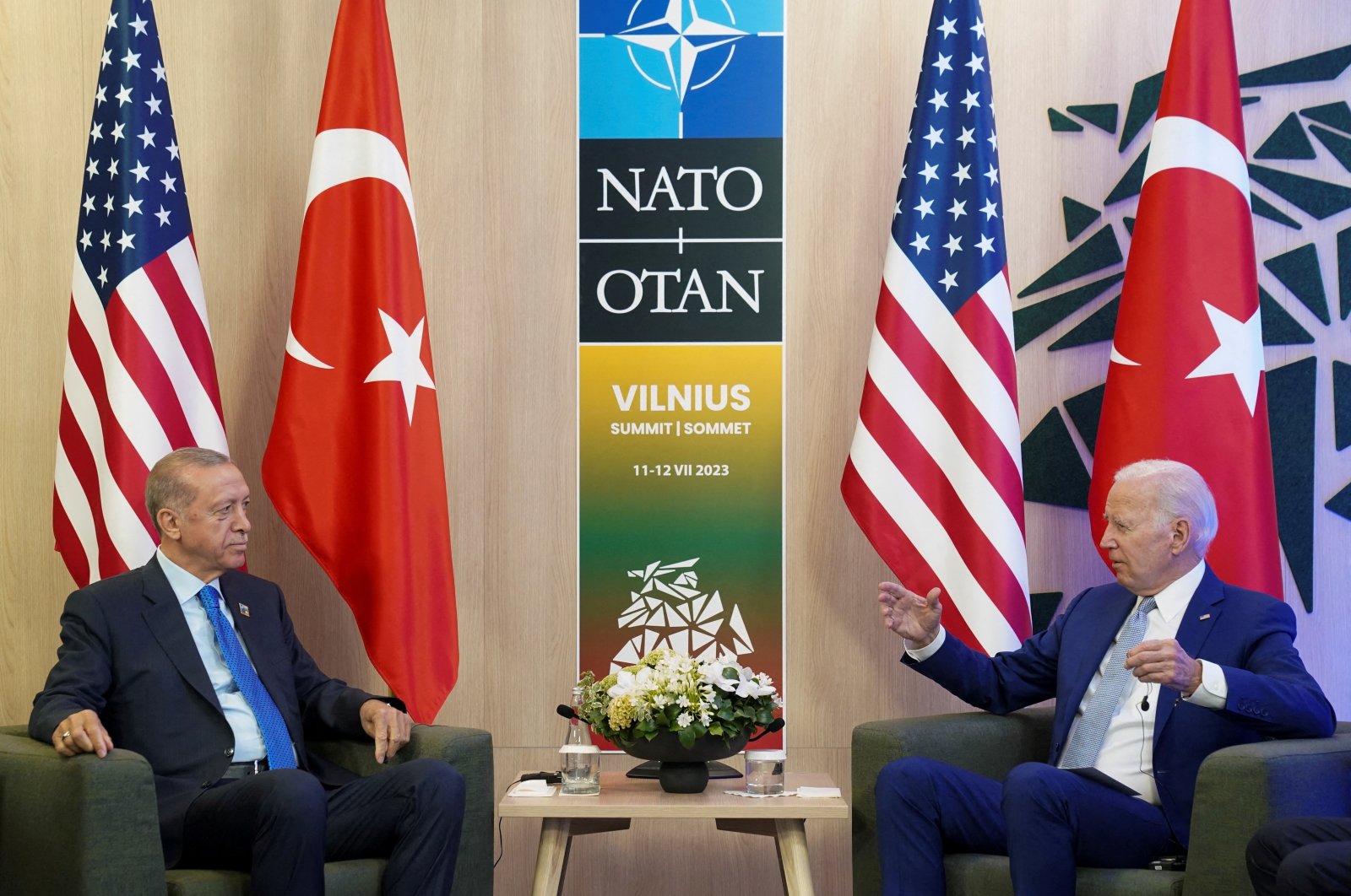 President Recep Tayyip Erdoğan (L) meets his U.S. counterpart Joe Biden at the NATO summit in Vilnius, Lithuania, July 11, 2023. (Reuters Photo)