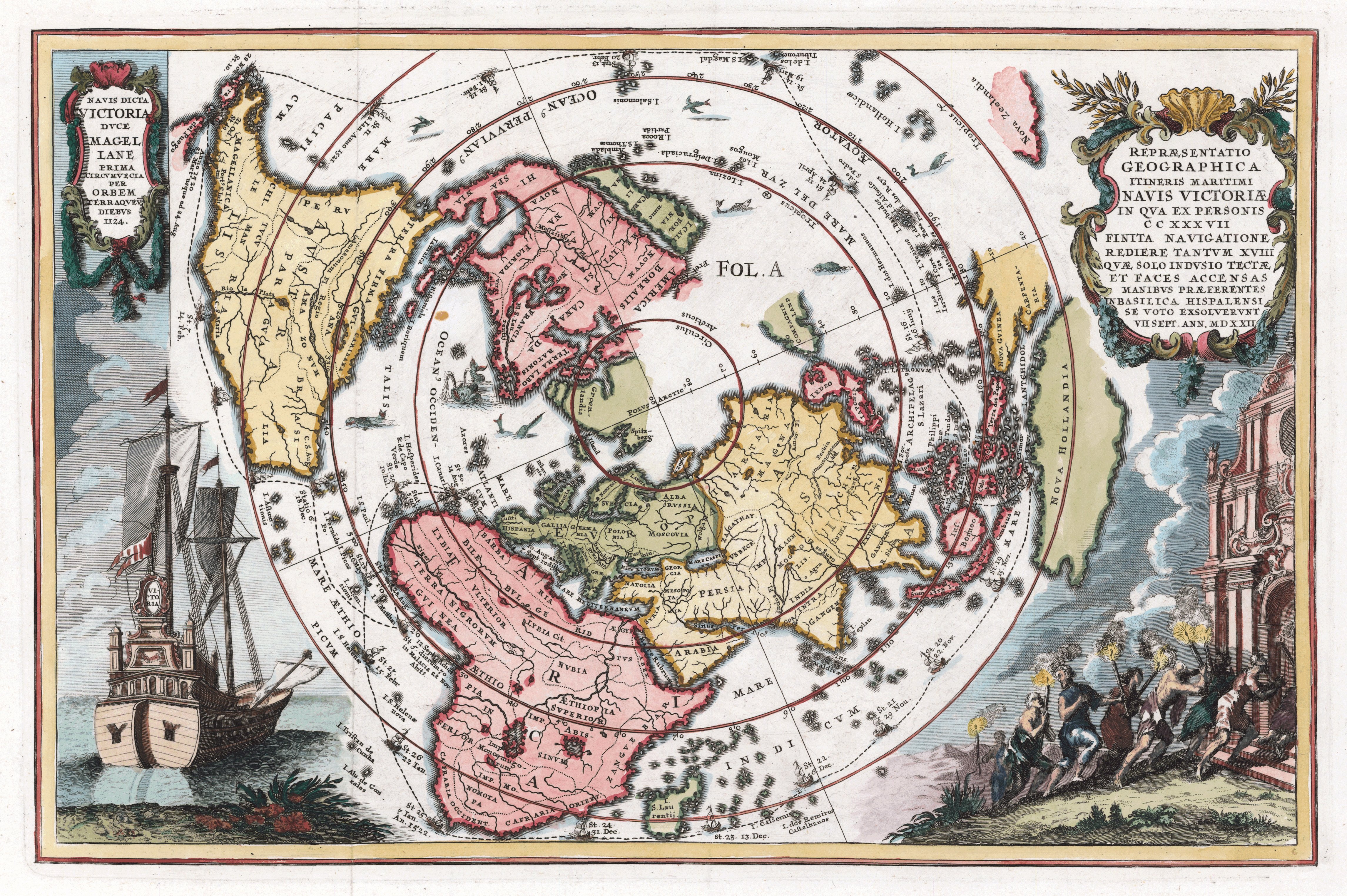 Heinrich Scherer, Magellanic world map entitled &quot;Representatio Geographica Itineris Maritimi Navis Victoriae...,&quot; using a north polar projection and showing the route of Magellan&#039;s circumnavigation. (Getty Images Photo)