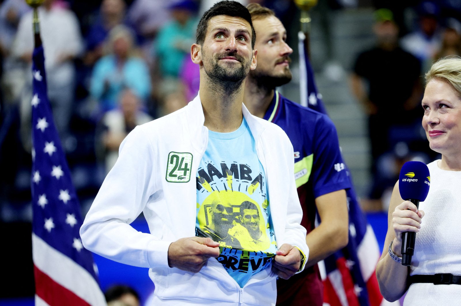 Serbia&#039;s Novak Djokovic celebrates while wearing a shirt with an image of Kobe Bryant after winning the U.S. Open Tennis in Flushing Meadows, New York, U.S., Sept. 10, 2023. (Reuters Photo)