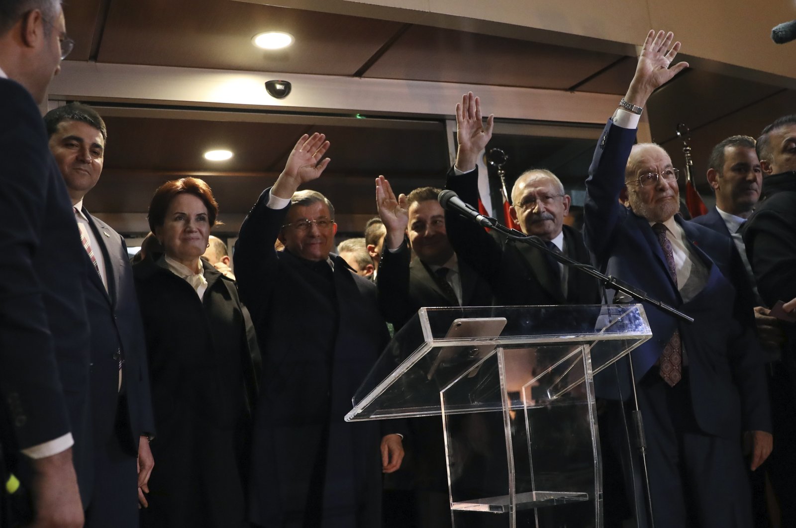 Main opposition Republican People&#039;s Party (CHP) chair Kemal Kılıçdaroğlu (R-2) waves with other leaders of the opposition alliance known as &quot;table for six,&quot; Ankara, Türkiye, March 6, 2023. (AP Photo)