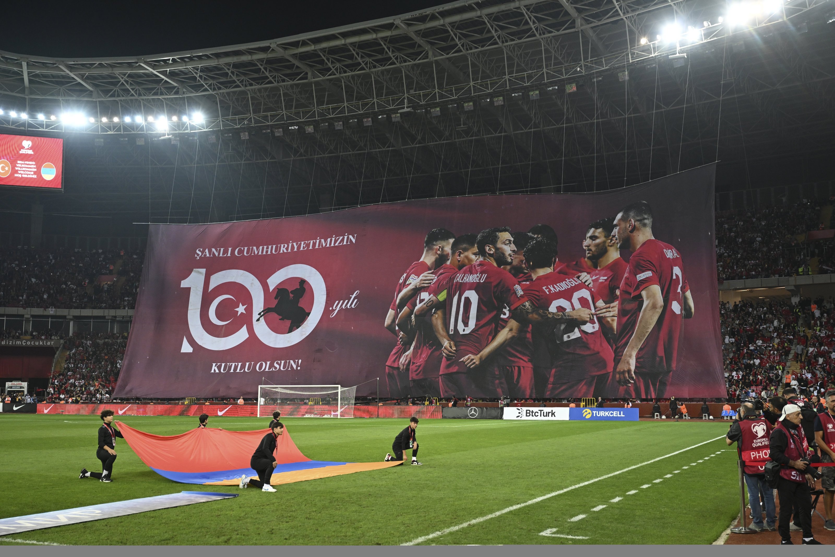 A Republic of Türkiye 100th Anniversary banner is displayed in the stands during the UEFA EURO 2024 European qualifier match between Türkiye and Armenia at New Eskisehir Stadium, Eskişehir, Türkiye, Sept. 8, 2023. (AA Photo)