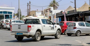 A U.N. vehicle parked in Pile Village, which lies between the Greek Cypriot administration and the Turkish Republic of Northern Cyprus (TRNC), Aug. 20, 2023. (AFP Photo)