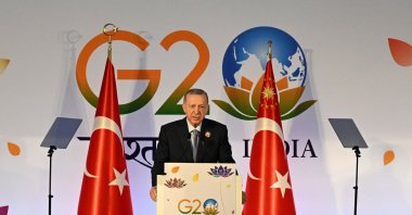 President Recep Tayyip Erdoğan speaks during a news conference after attending the G-20 summit, in New Delhi, India, Sept. 10, 2023. (AFP Photo)