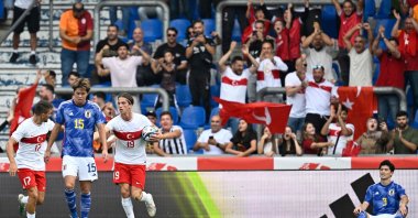 Türkiye's forward Bertuğ Yıldırım (3rd L) celebrates after scoring his team's second goal during the friendly football match between Japan and Türkiye at the Cegeka Arena in Genk, eastern Belgium, on Sept. 12, 2023. (AFP Photo)