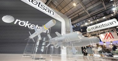 Roketsan&#039;s booth at the Defense and Security Equipment International (DSEI) exhibition in London, U.K., Sept. 12, 2023. (AA Photo)