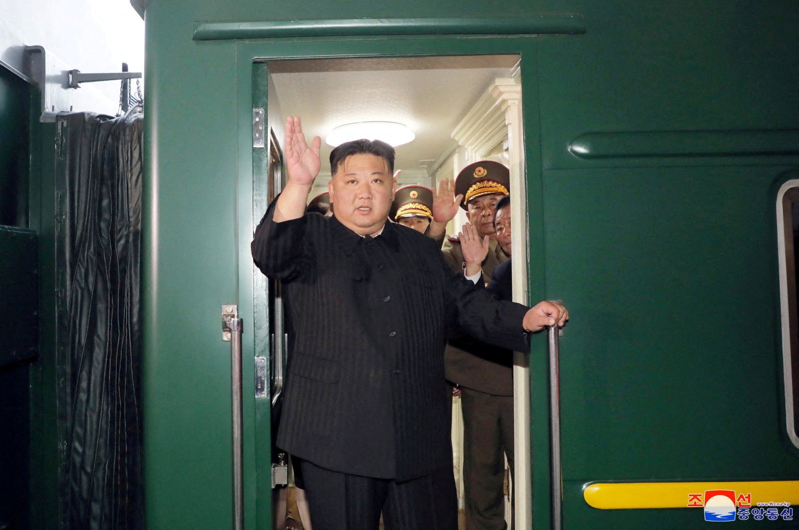 North Korean leader Kim Jong Un waves from a private train as he departs Pyongyang, North Korea, Sept. 10, 2023. (Reuters Photo)