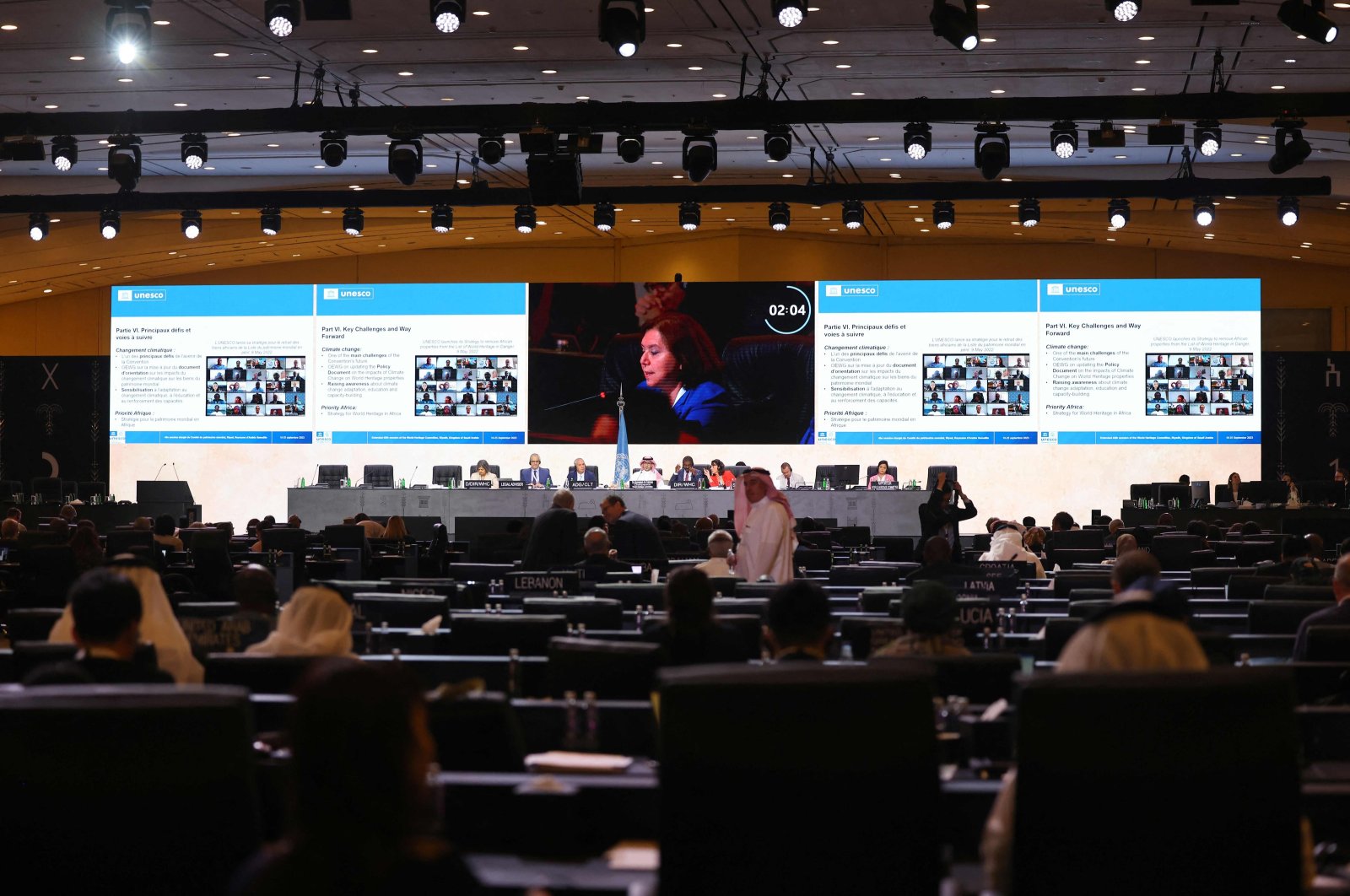 Delegates attend the UNESCO Extended 45th session of the World Heritage Committee at the al-Murabba Palace in Riyadh, Saudi Arabia, Sept. 10, 2023. (AFP Photo)