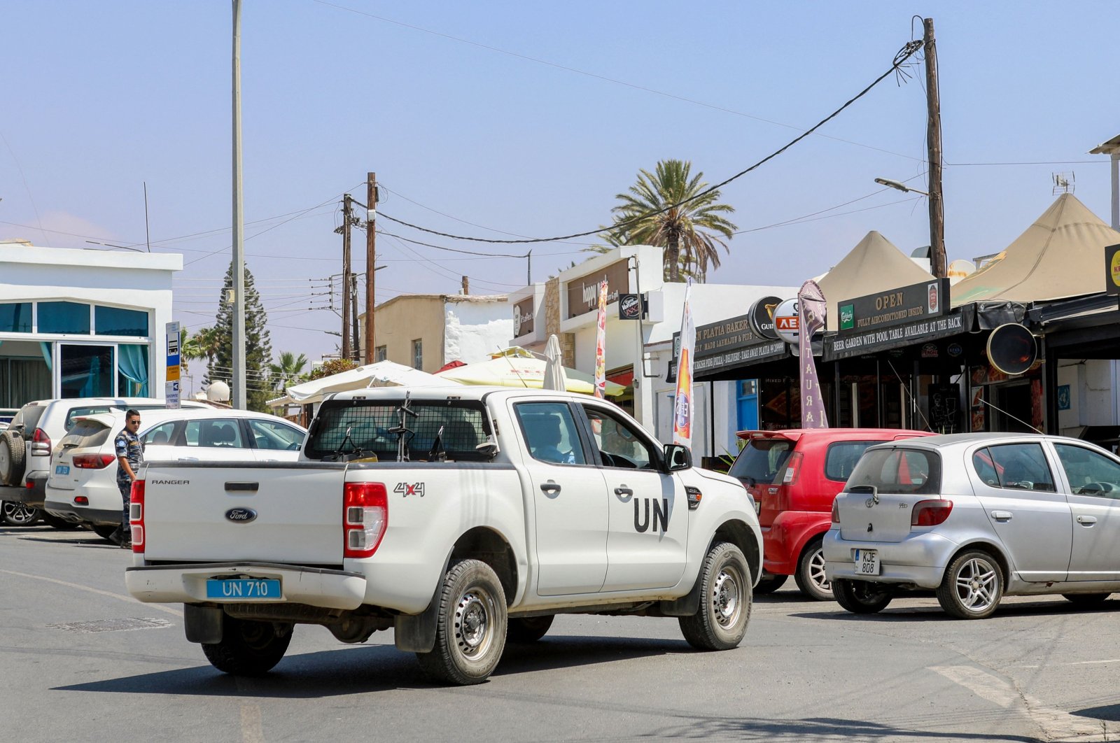 A U.N. vehicle parked in Pile Village, which lies between the Greek Cypriot administration and the Turkish Republic of Northern Cyprus (TRNC), Aug. 20, 2023. (AFP Photo)