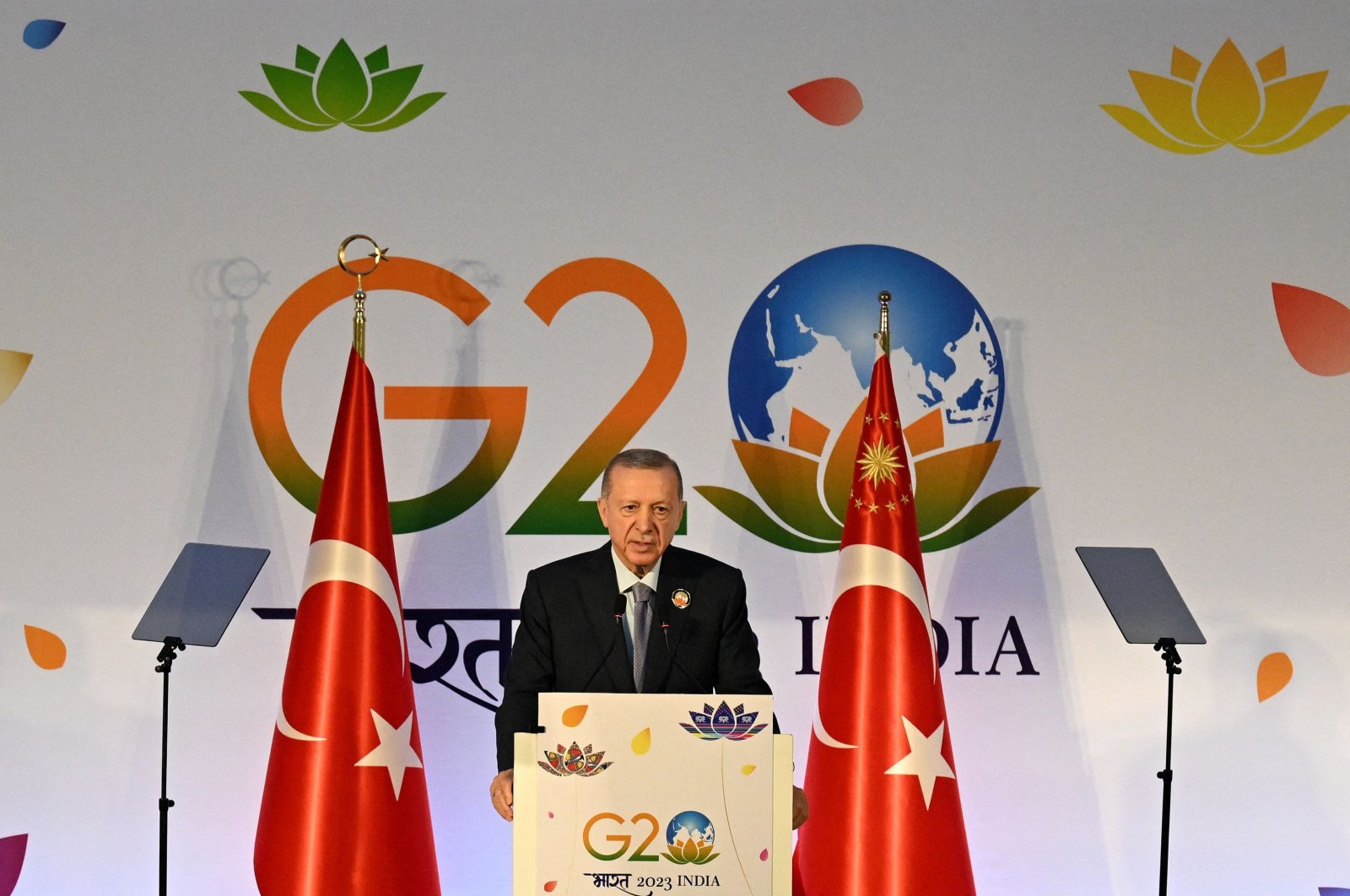 President Recep Tayyip Erdoğan speaks during a news conference after attending the G-20 summit, in New Delhi, India, Sept. 10, 2023. (AFP Photo)