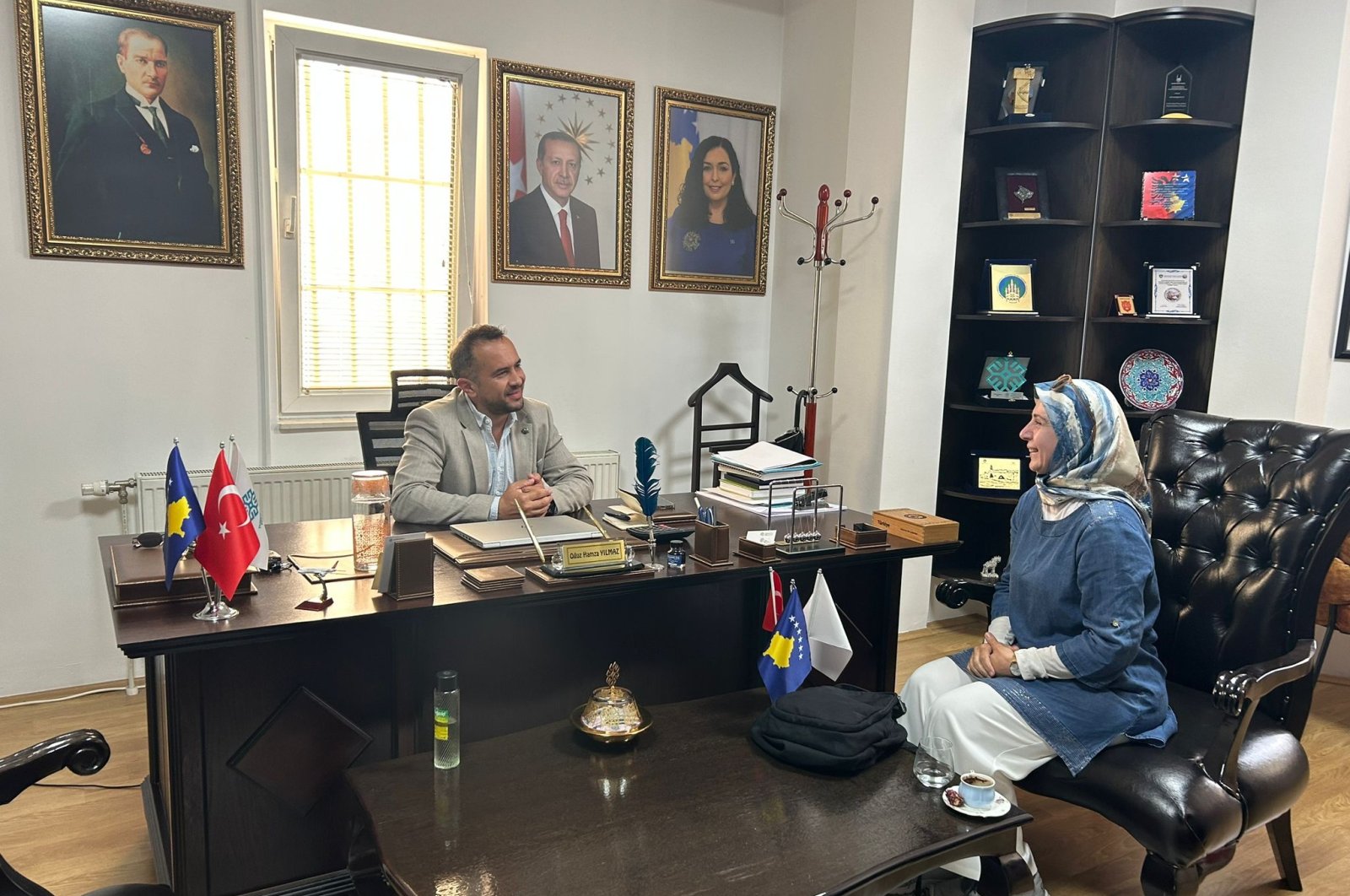 Oğuz Hamza Yılmaz, director of the Turkish Maarif Foundation, with Daily Sabah corespondent Esma Kamil in Pristina, Kosovo, Aug. 15, 2023. (Photo by Esma Kamil)