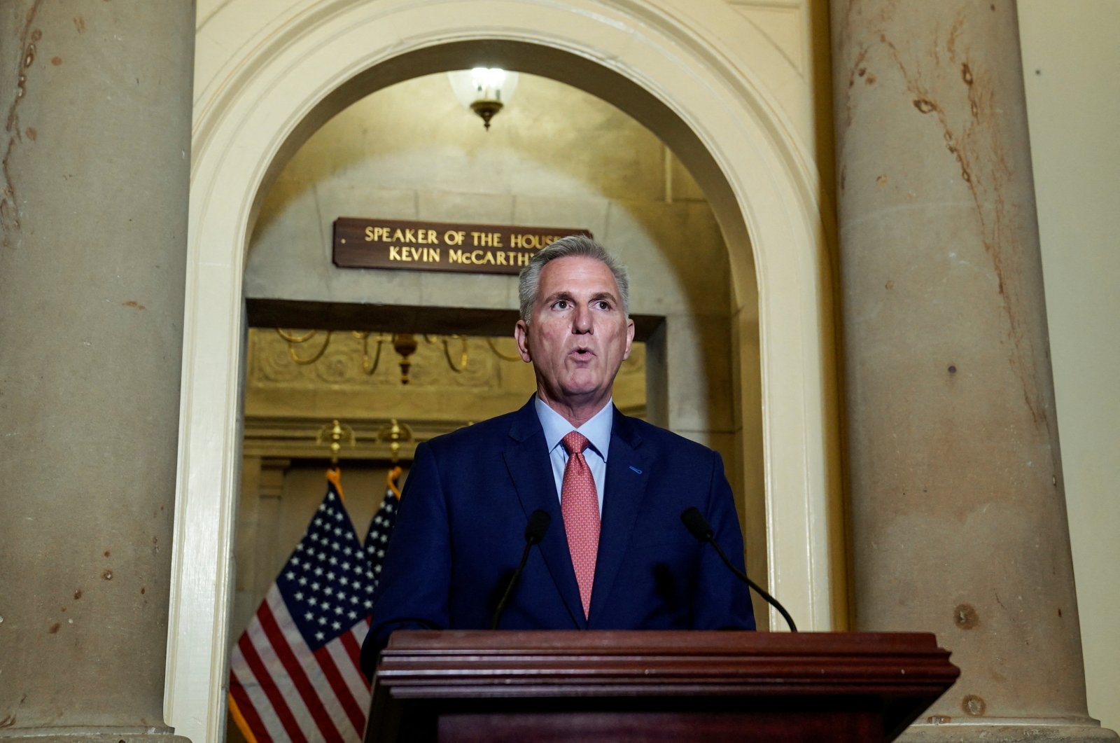U.S. House Speaker Kevin McCarthy delivers a statement on allegations surrounding U.S. President Joe Biden and his son Hunter Biden, as the House of Representatives returns from its summer break facing a looming deadline to avoid a government shutdown while spending talks continue on Capitol Hill in Washington, U.S., Sept. 12, 2023. (Reuters Photo)