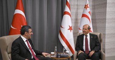 Turkish Republic of Northern Cyprus (TRNC) President Ersin Tatar holds talks with visiting Vice President Cevdet Yılmaz, in Lefkoşa (Nicosia), TRNC, Sept. 12, 2023. (AA Photo)