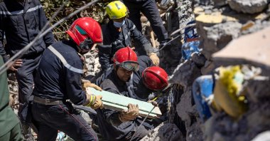 Moroccan and Spanish rescuers search the rubble for survivors in al-Haouz, Morocco, Sept. 11, 2023. (AFP Photo)