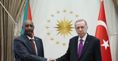President Recep Tayyip Erdoğan and Gen. Abdel-Fattah al-Burhan shake hands at the Presidential Complex in Ankara, Sept. 13, 2023. (DHA Photo)