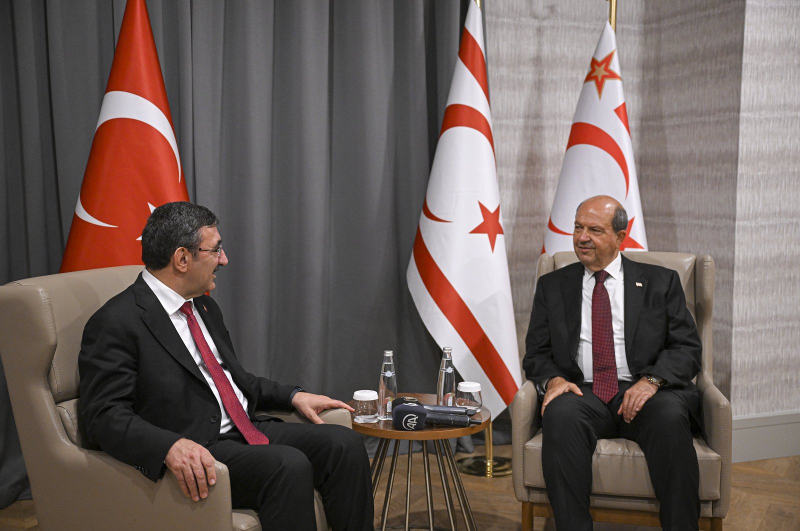 Turkish Republic of Northern Cyprus (TRNC) President Ersin Tatar holds talks with visiting Vice President Cevdet Yılmaz, in Lefkoşa (Nicosia), TRNC, Sept. 12, 2023. (AA Photo)