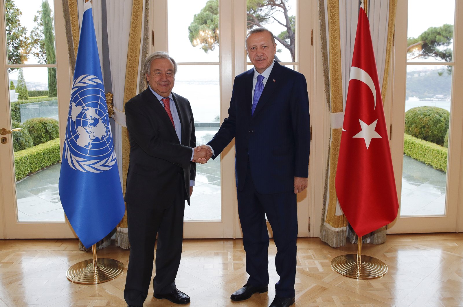President Recep Tayyip Erdoğan (R) and U.N. Secretary-General Antonio Guterres shake hands before a meeting, Istanbul, Nov. 1, 2019. (Presidential Press Service via AP File Photo)