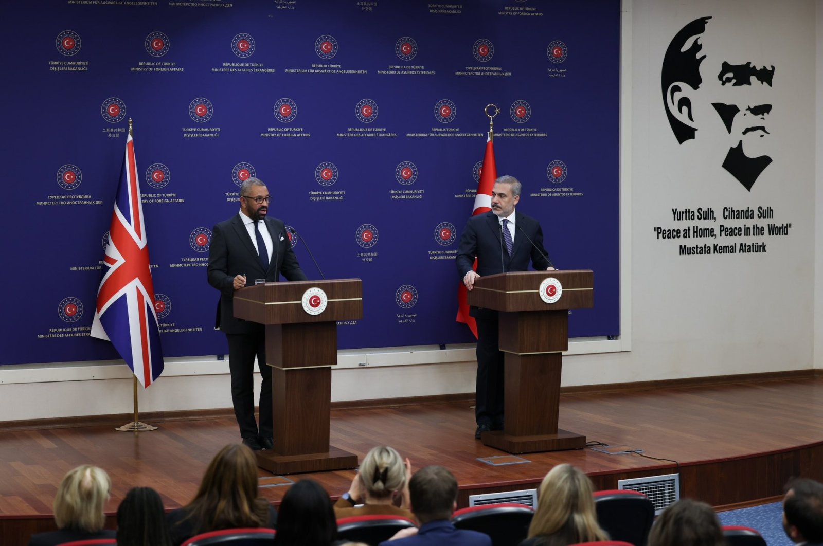 Foreign Minister Hakan Fidan and his British counterpart James Cleverly hold a news conference in Ankara, Türkiye, Sept. 13. 2023. (DHA Photo)