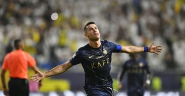 Nassr's Cristiano Ronaldo celebrates after scoring during the Saudi Pro League football match against Al-Shabab at the Alawwal Park, Riyadh, Saudi Arabia, Aug. 29, 2023. (AA Photo)