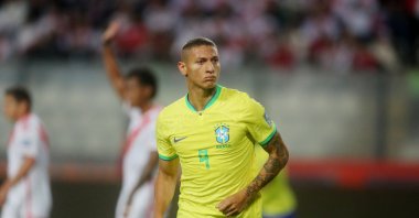 Brazil's Richarlison celebrates scoring a goal later disallowed after a VAR review during the World Cup qualifiers match against Peru at the Estadio Nacional, Lima, Peru, Sept. 12, 2023. (Reuters Photo)
