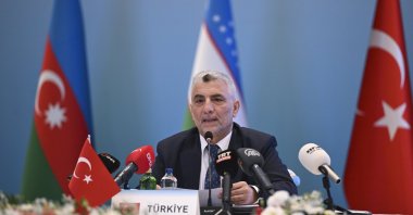 Trade Minister Ömer Bolat delivers a speech during a meeting of ministers in charge of the economy and trade of the Organization of Turkic States (OTS), Istanbul, Türkiye, Sept. 14, 2023. (AA Photo)