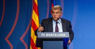Joan Laporta, President of FC Barcelona, attends a press conference about Negreira Case at Spotify Camp Nou stadium, Barcelona, Spain, April 17, 2023. (Getty Images Photo)