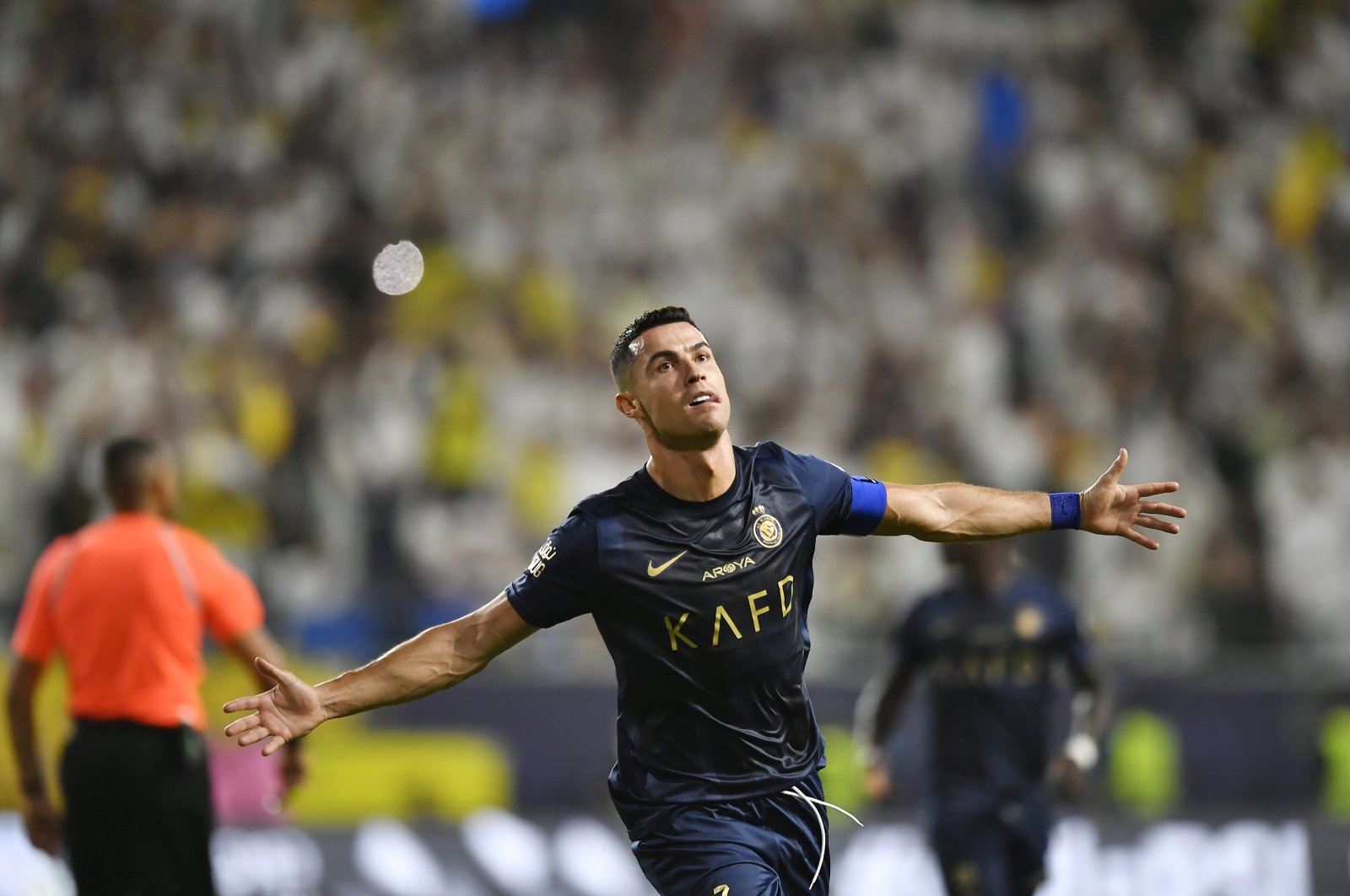 Nassr&#039;s Cristiano Ronaldo celebrates after scoring during the Saudi Pro League football match against Al-Shabab at the Alawwal Park, Riyadh, Saudi Arabia, Aug. 29, 2023. (AA Photo)