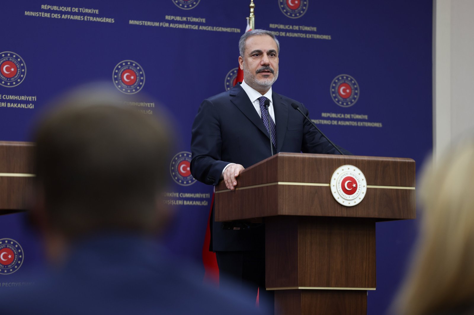 Foreign Minister Hakan Fidan delivers a speech during a news conference in Ankara, Türkiye, Sept. 13, 2023. (AA Photo)