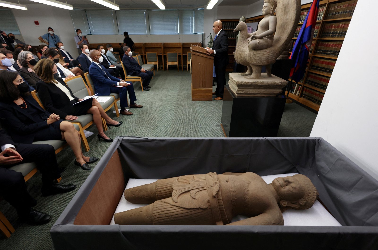 FILE PHOTO: Ricky Patel, the Acting Special Agent-in-Charge of the New York Field Office of the Department of Homeland Security, delivers remarks during an announcement of the repatriation and return to Cambodia of 30 Cambodian antiquities sold to U.S. Attorney’s Office in Manhattan, New York City, U.S., Aug. 8, 2022. (Reuters Photo)