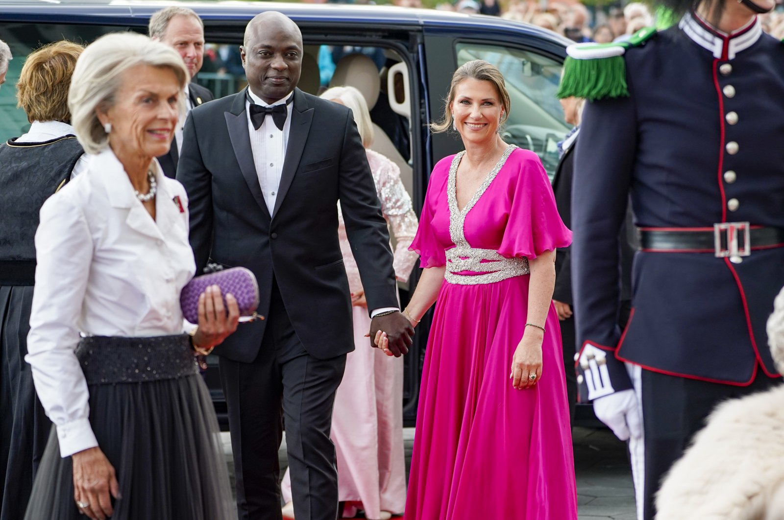 Norway&#039;s Princess Martha Louise and her fiance Durek Verrett arrive at the government&#039;s party event in connection with Princess Ingrid Alexandra&#039;s 18th birthday, which is held at Deichman Bjoervika, Oslo&#039;s main library, Norway, June 16, 2022. (AP Photo)