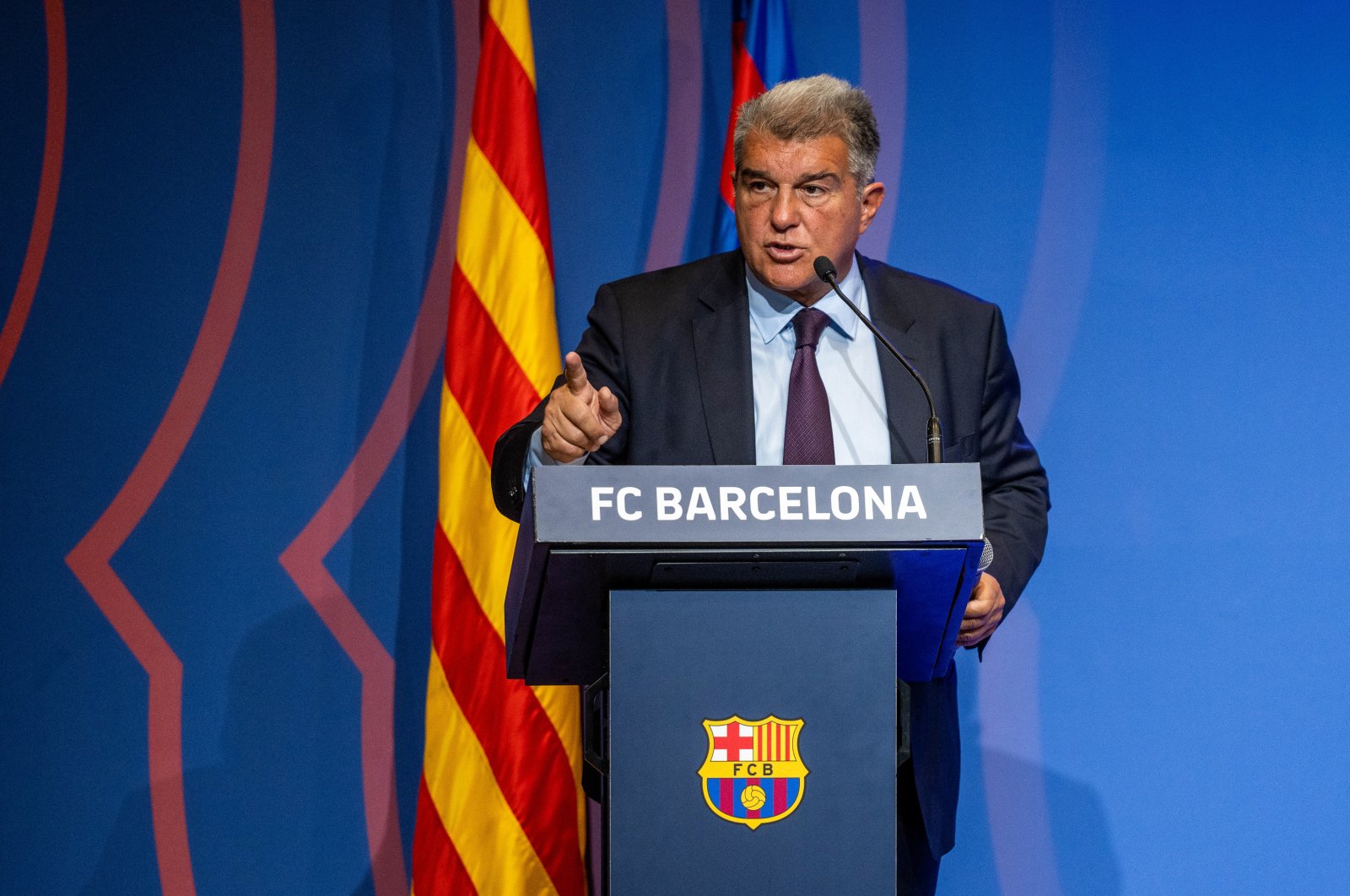 Joan Laporta, President of FC Barcelona, attends a press conference about Negreira Case at Spotify Camp Nou stadium, Barcelona, Spain, April 17, 2023. (Getty Images Photo)