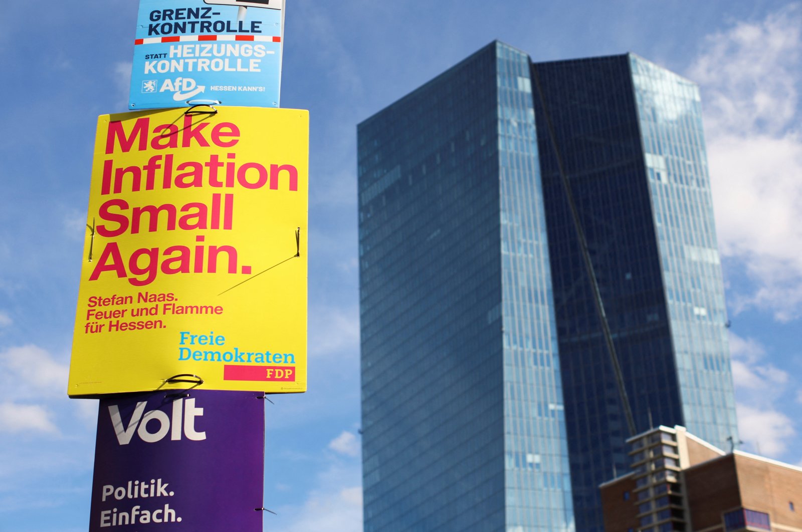 A view shows the placards of the political parties in front of the European Central Bank (ECB) building in Frankfurt, Germany, Sept. 14, 2023. (Reuters Photo)