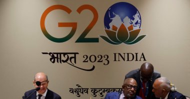 German Chancellor Olaf Scholz (L) and African Union Chairman and Comoros President Azali Assoumani (2L) attend a meeting between the African Union and European Union during the G20 Leaders' Summit, New Delhi, India, Sept. 9, 2023. (AFP Photo)