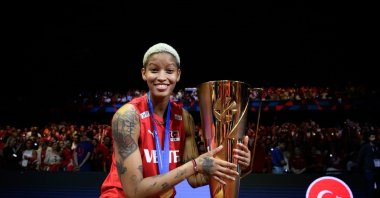 Türkiye's Melissa Vargas holds the Women's EuroVolley 2023 after the final volleyball match against Serbia, Brussels, Belgium, Sept. 3, 2023. (IHA Photo)