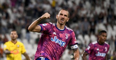 Former Juventus' Leonardo Bonucci celebrates after scoring a goal during a Serie A match against Salernitana, Juventus Stadium, Turin, Italy, Sept. 11, 2022. (AP Photo)
