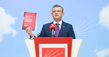 Özgür Özel speaks at the news conference in the capital Ankara, Türkiye, Sept. 15, 2023. (AA Photo)