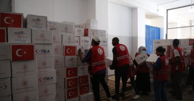 The Turkish Cooperation and Coordination Agency (TIKA) dispatched 5,000 aid packages containing clean drinking water and energy-providing food to the flood-stricken region in Libya in the aftermath of the Daniel Storm, Sept. 14, 2023. (AA Photo)