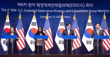 Acting U.S. Under Secretary of Defense for Policy Sasha Baker, U.S. Under Secretary of State for Arms Control and International Security Bonnie Jenkins, South Korean First Vice Minister Chang Ho-jin and South Korean Defense Vice Minister Shin Beom-chul attend a joint news conference after their meeting of the 4th Extended Deterrence Strategy and Consultation Group Meeting at the Foreign Ministry in Seoul, South Korea, Sept. 15, 2023.  (EPA Photo)