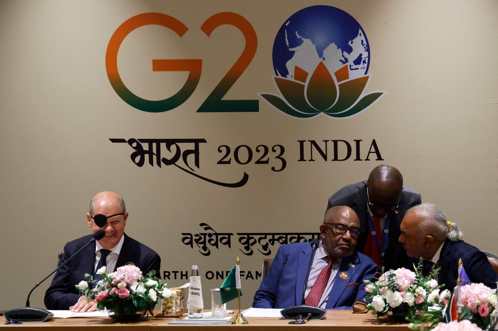 German Chancellor Olaf Scholz (L) and African Union Chairman and Comoros President Azali Assoumani (2L) attend a meeting between the African Union and European Union during the G20 Leaders&#039; Summit, New Delhi, India, Sept. 9, 2023. (AFP Photo)