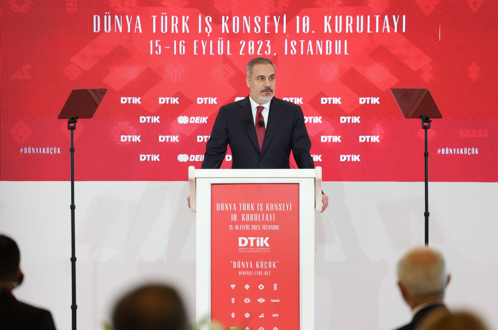 Foreign Minister Hakan Fidan delivers a speech at the 10th World Turkish Business Council (DTIK) Congress, in Istanbul, Türkiye, Sept. 15, 2023. (AA Photo)