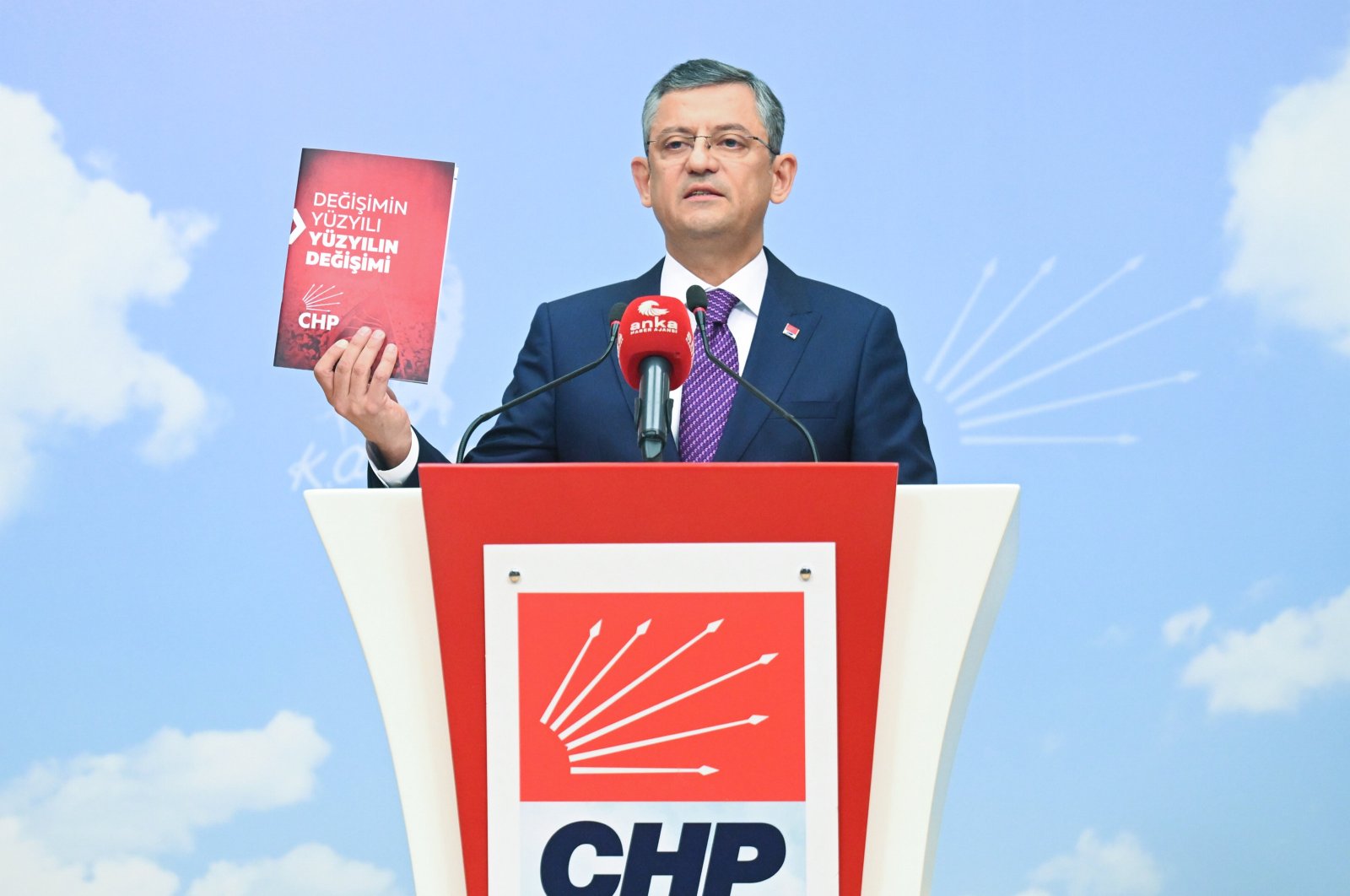 Özgür Özel speaks at the news conference in the capital Ankara, Türkiye, Sept. 15, 2023. (AA Photo)